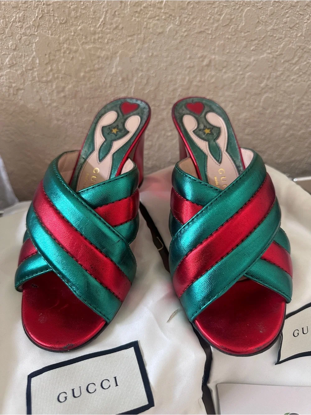 Gucci Metallic Teal and Fuchsia Crisscross Slide Mules - Picture 2 of 16
